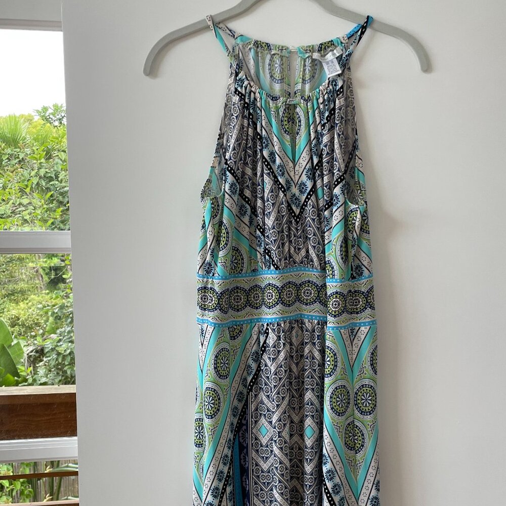 London Times Blue, Green Boho Print Maxi Dress, Sleeveless, 10
